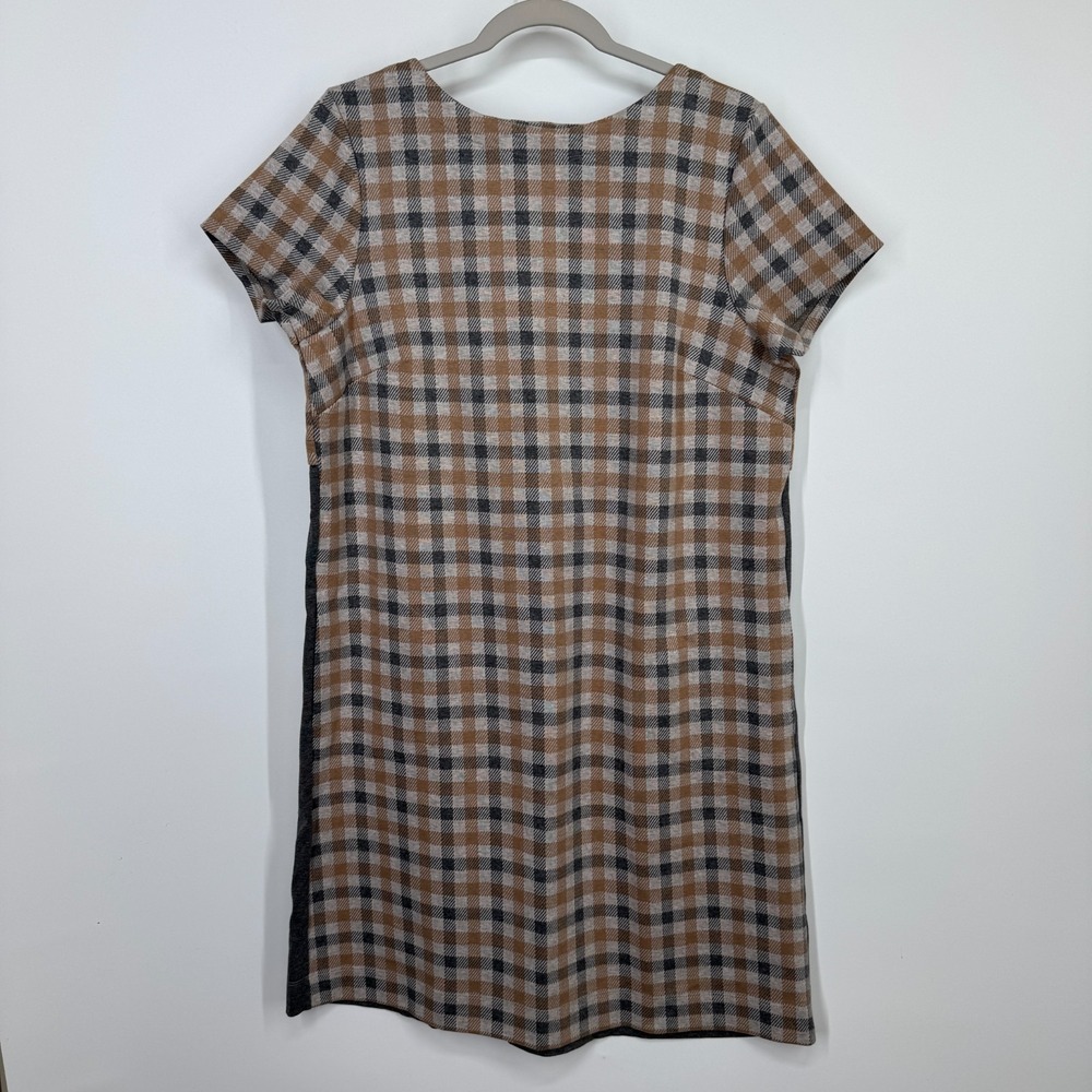 J.Jill Womens Medium Sheath Dress Multicolor Beige Plaid Stretch Short Sleeve